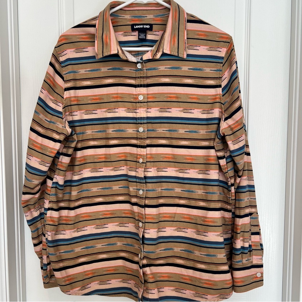 Lands End Womens Button Up Plus Size 18W Tribal Print Long Sleeve Cotton Western
